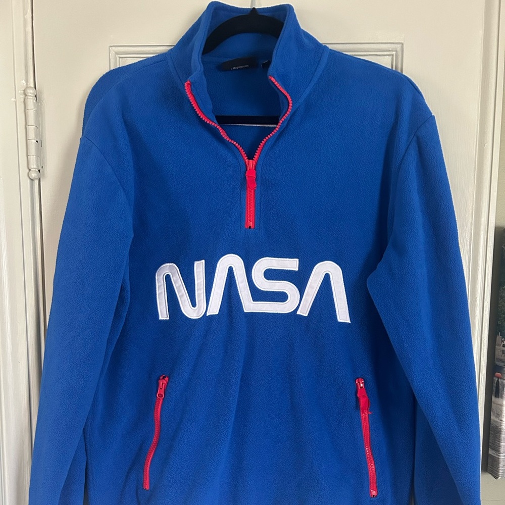 Chemistry Men's Blue Size Small 1/4 Zip Fleece Nasa Logo American Flag Patches
